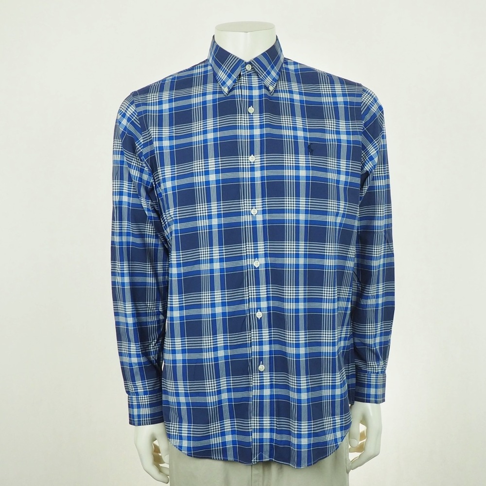 Polo Ralph Lauren Performance Button Down Shirt Mens Large Blue Plaid Striped